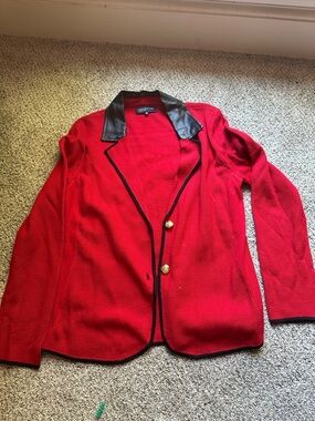 Jones New York Red Blazer with Black Trim and Faux Leather Collar